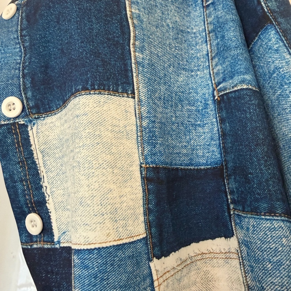 Blue and White Patchwork denim look top long sleeve button down - Picture 2 of 5